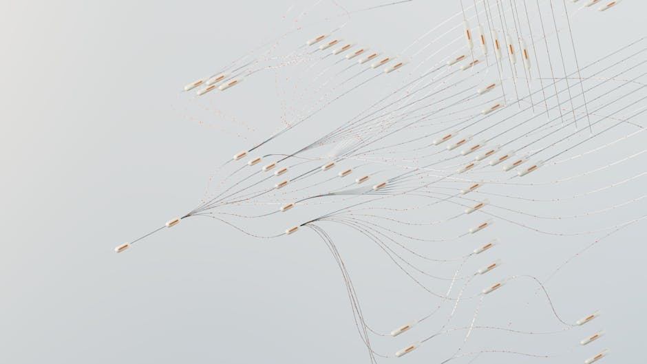 Abstract illustration depicting complex digital neural networks and data flow.